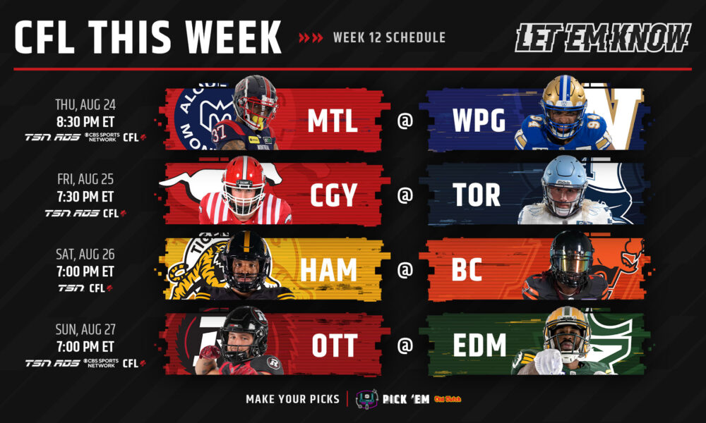 CFL Schedule: Blue Bombers vs Tiger-Cats, Redblacks vs BC Lions, Odds, CFL  Live Stream Free, CFL Games Today (Saturday, September 16) : r/altfootball