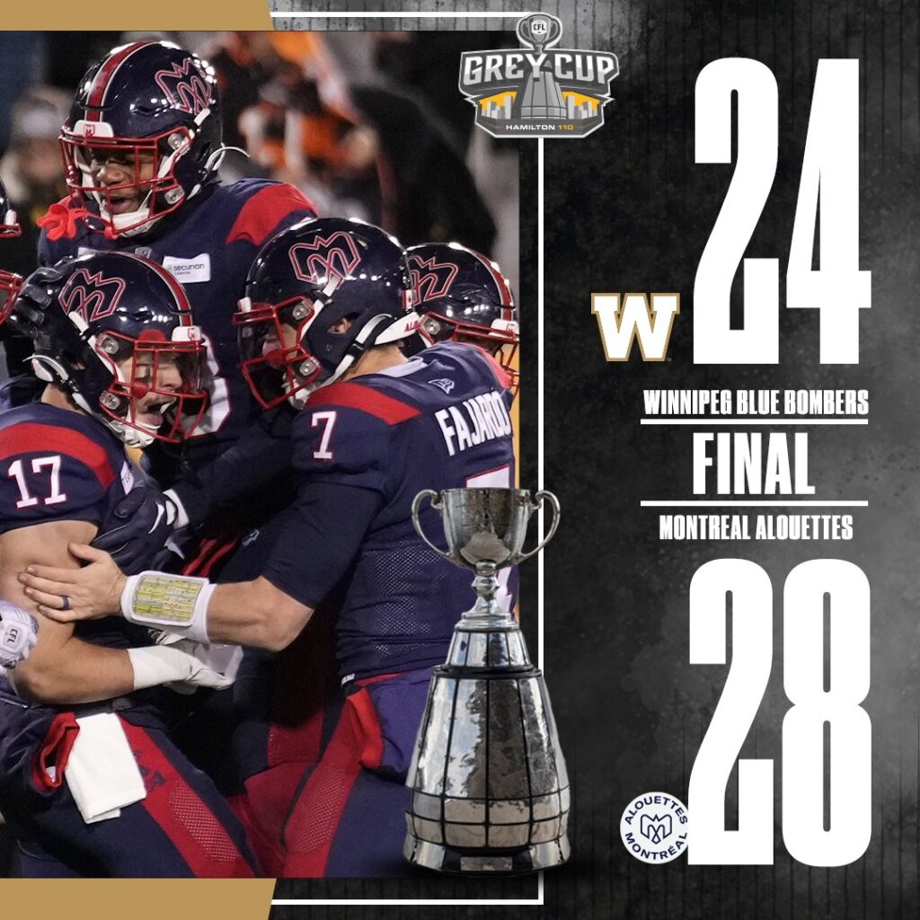 CFL Result Montreal Alouettes Triumph Over Winnipeg Blue Bombers 2824 in 110th Grey Cup