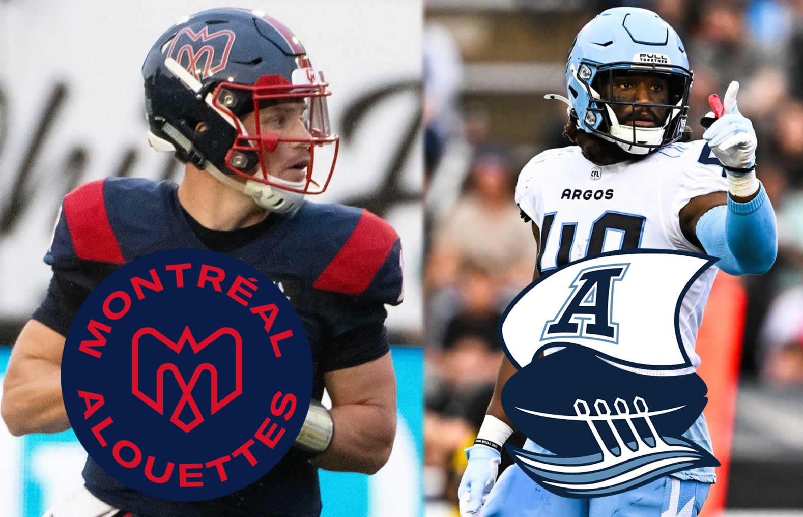 Davis Alexander with Montreal Alouettes left Wynton McManis with Toronto Argonauts right photo courtesy of cflca - CFL News Hub