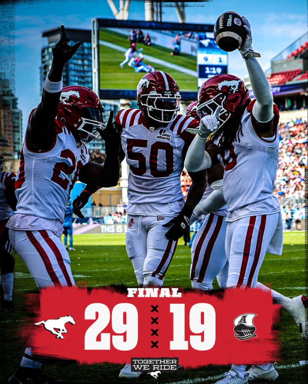 A poster showing the final score as Calgary Stampeders 29, Toronto Argonauts 19