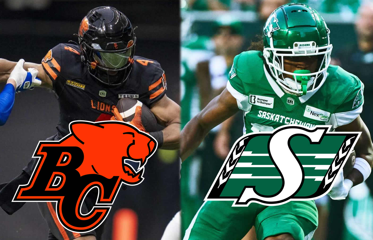 Keon Hatcher with BC Lions left Dohnte Meyers with Saskatchewan Roughriders right - CFL News Hub