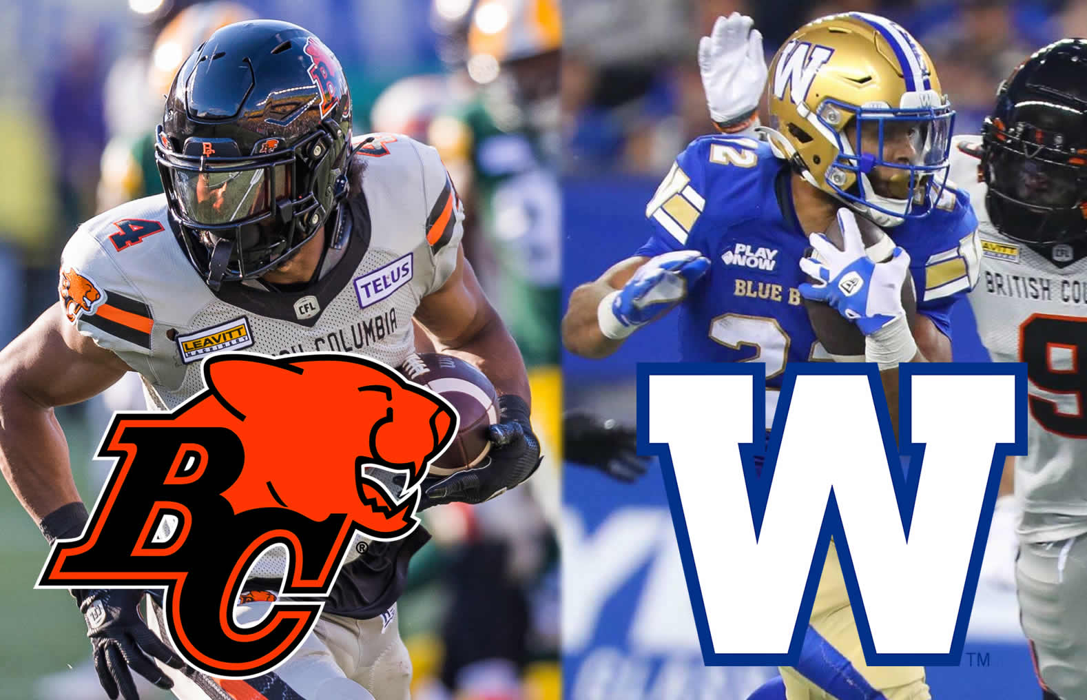 Keon Hatcher with BC Lions left Matthew Peterson with Winnipeg Blue Bombers right courtesy of cflca - CFL News Hub