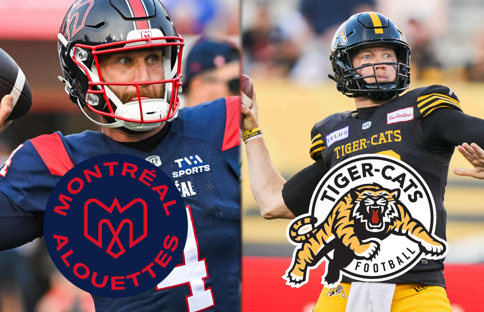 McLeod Bethel-Thompson with Montreal left Bo Levi Mitchell with Hamilton right photo courtesy of cflca - CFL News Hub