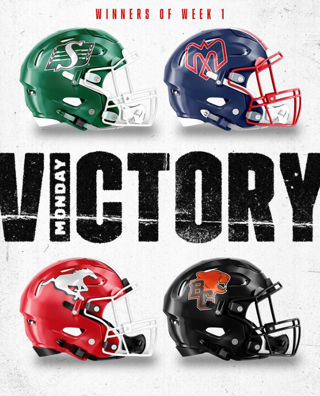 A poster depicting the Calgary Stampeders as one of the four teams to achieve victory in week one. 