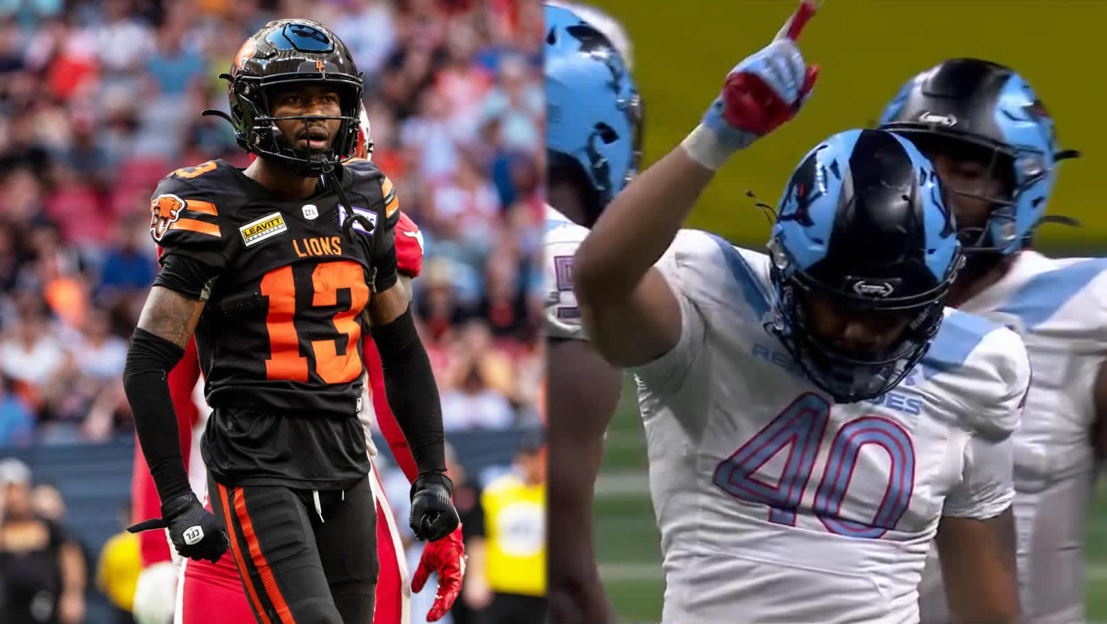 Alexander Hollins left with BC Lions courtesy of cflca Caleb Johnson right with Arlington Renegades courtesy of UFL - CFL News Hub