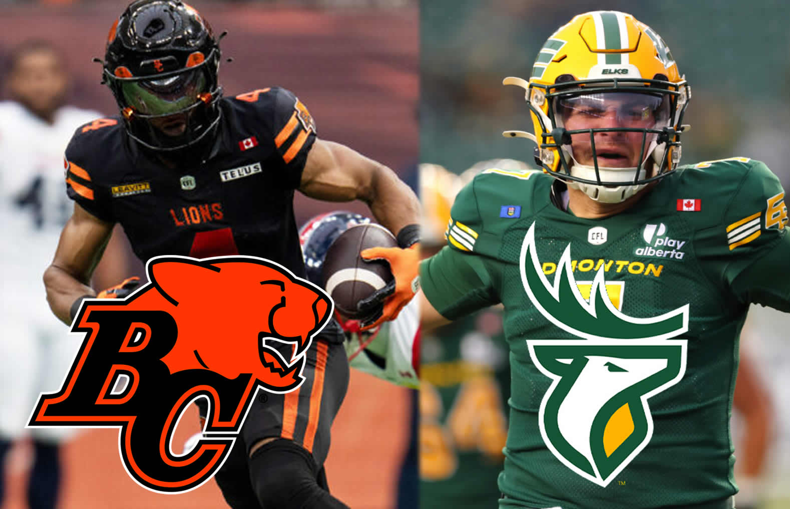 Keon Hatcher with BC Lions left Cody Fajardo with Edmonton Elks right courtesy of cflca - CFL News Hub
