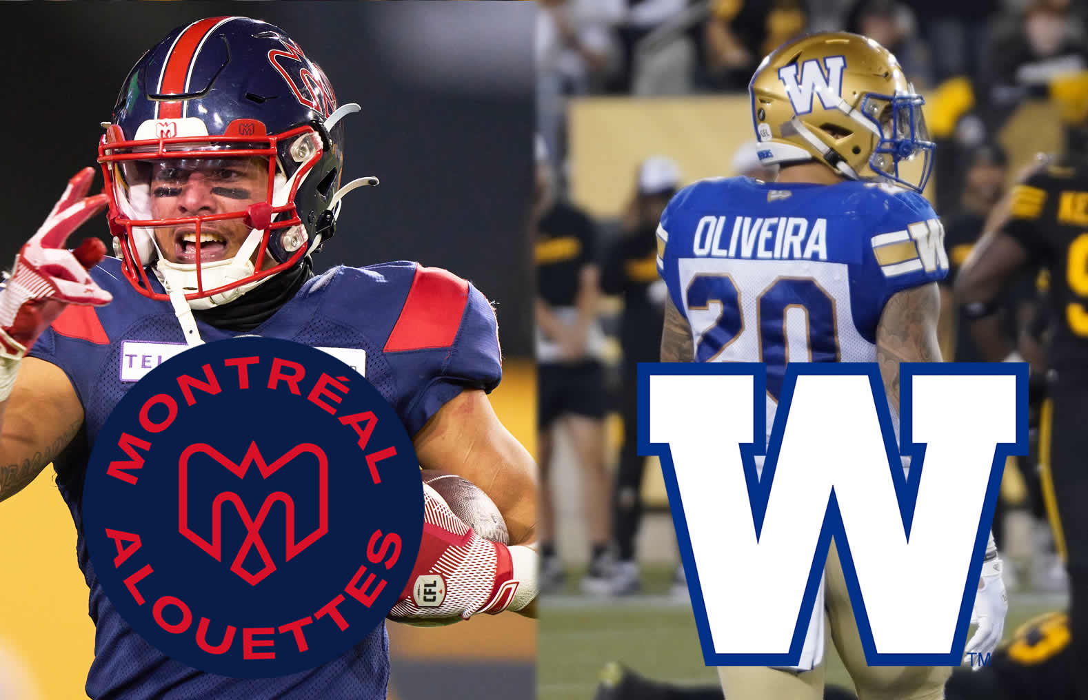 Tyson Philpot with Montreal left courtesy of cflca Brady Oliveira right photo by Jonathan Clink - CFL News Hub