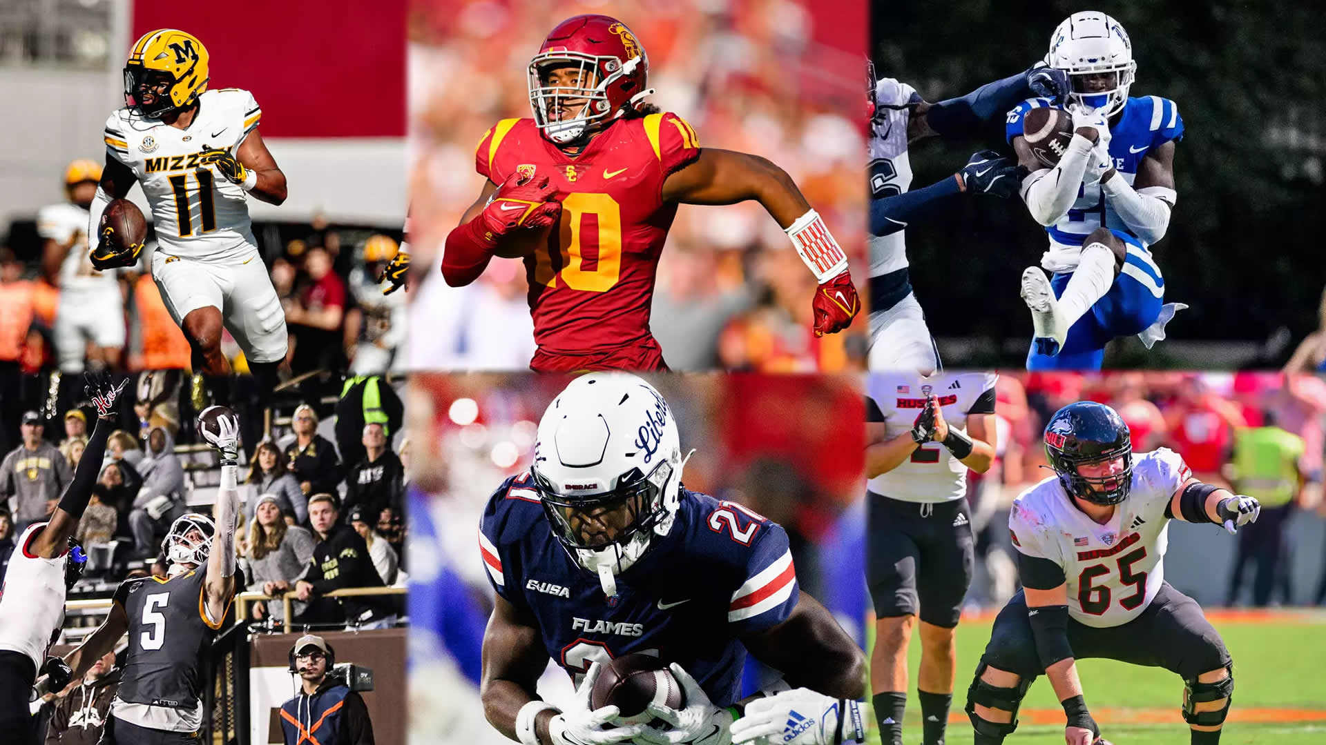 Corey Flagg Jr. with Missouri courtesy of MU Athletics, Ralen Goforth with USC by John McGillen, Joshua Pickett with Duke by Duke Athletics, Anthony Sambucci with WMU by Ashley Blanchard, Treon Sibley with Liberty courtesy of Liberty, Logan Zschernitz with NIU by Stephen Blue courtesy of NIU Athletics