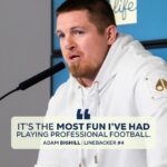 Athlete Adam Bighill speaking at a press conference; quote overlay reads: 'It’s the most fun I’ve had playing professional football.'