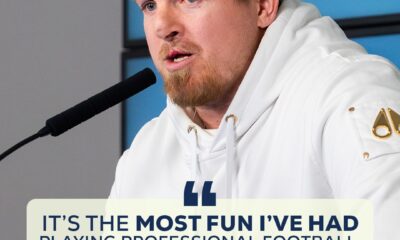 Athlete Adam Bighill speaking at a press conference; quote overlay reads: 'It’s the most fun I’ve had playing professional football.'