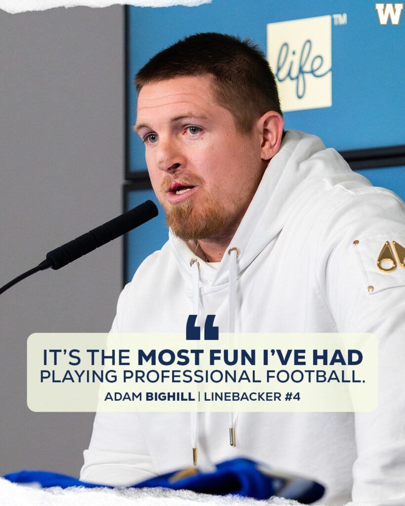 Athlete Adam Bighill speaking at a press conference; quote overlay reads: 'It’s the most fun I’ve had playing professional football.'