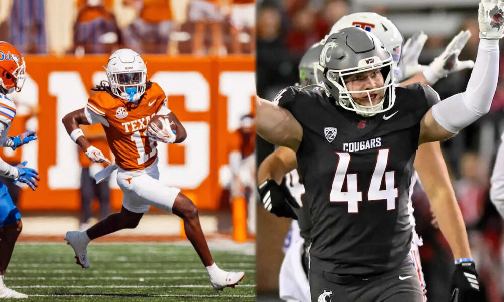 Split-screen of a college football play: on the left, a Texas Longhorns running back in orange jersey carries the ball and runs downfield; on the right, a Washington State Cougars defender in black raises his arms in celebration.