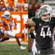 Split-screen of a college football play: on the left, a Texas Longhorns running back in orange jersey carries the ball and runs downfield; on the right, a Washington State Cougars defender in black raises his arms in celebration.