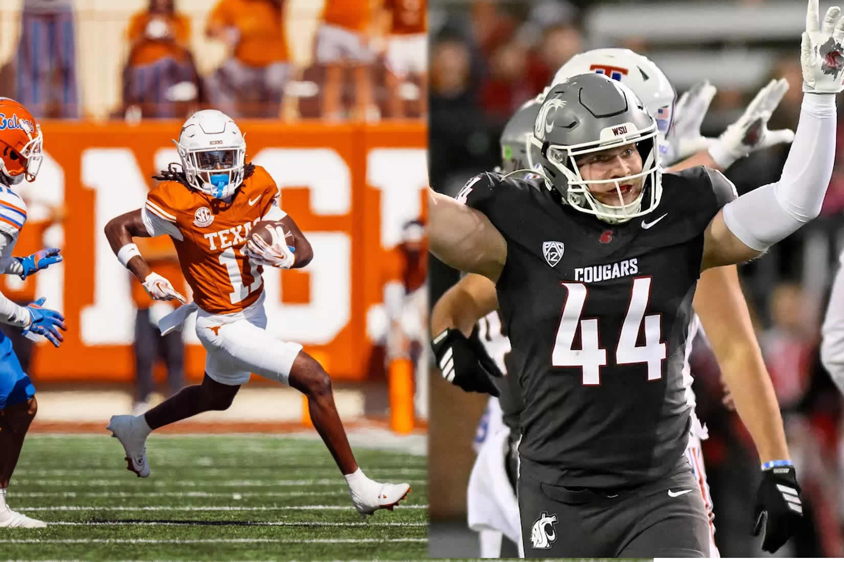 Split-screen of a college football play: on the left, a Texas Longhorns running back in orange jersey carries the ball and runs downfield; on the right, a Washington State Cougars defender in black raises his arms in celebration.