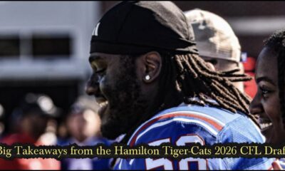 Two football players in blue jerseys smile side by side, with a bold black banner across the bottom reading 'Big Takeaways from the Hamilton Tiger-Cats 2026 CFL Draft'