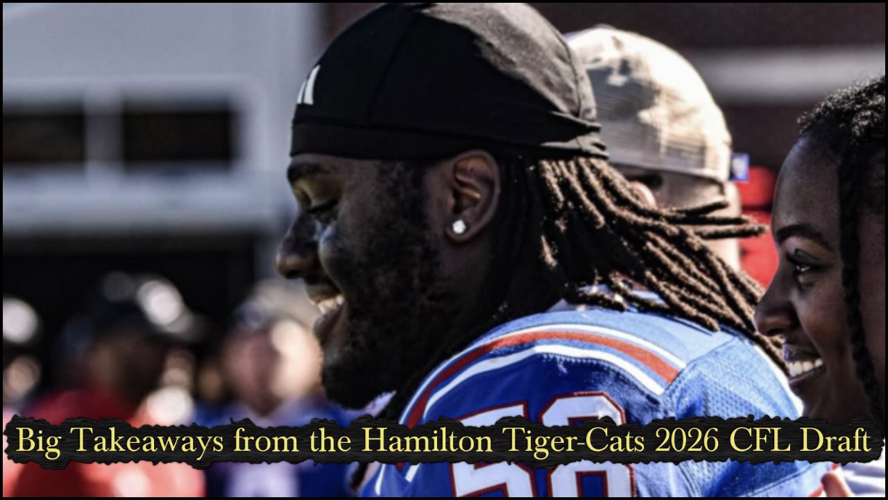 Two football players in blue jerseys smile side by side, with a bold black banner across the bottom reading 'Big Takeaways from the Hamilton Tiger-Cats 2026 CFL Draft'