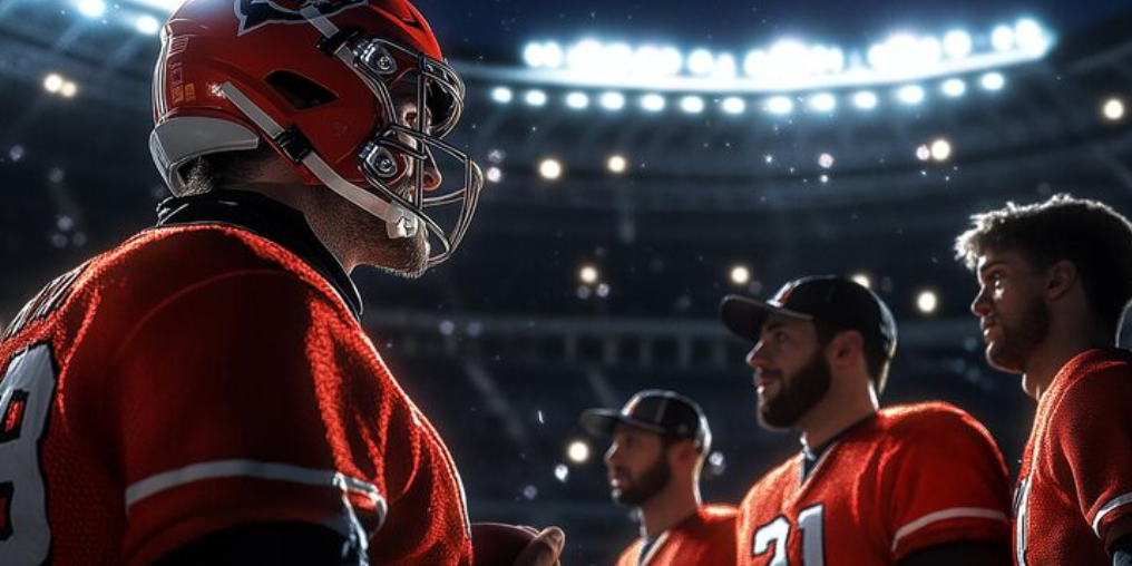 American football players in red jerseys and helmets stand together on a brightly lit stadium field before a game, smiling and listening to a coach or teammate nearby.